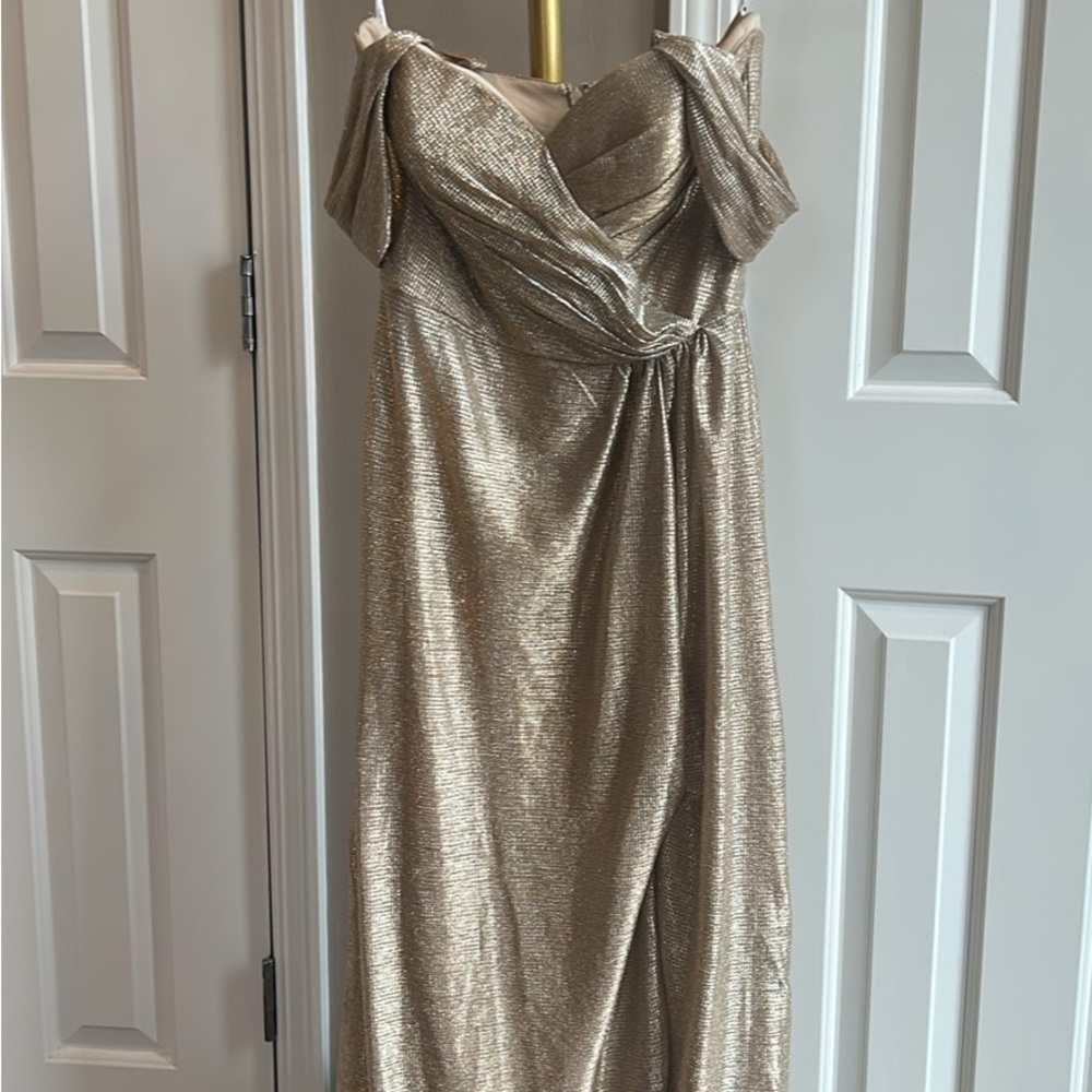 Hayley Paige Occasions Gold Ruched Sweetheart Gown